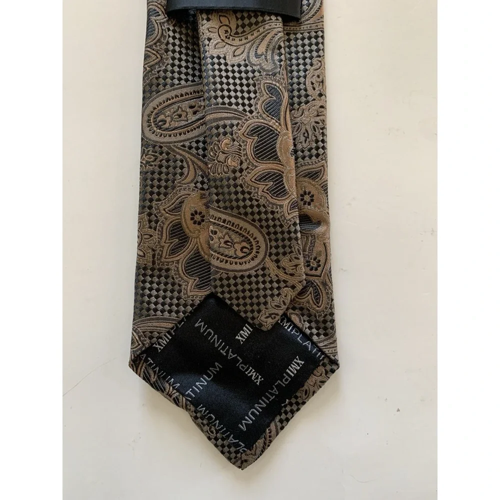 XMI Platinum Italian Silk Tie Men Brown Paisley Floral Jacquard Necktie 58